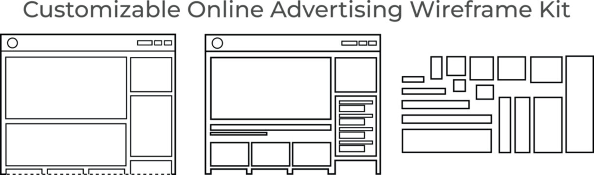 Customizable online advertising wireframe kit with website layout templates and various banner ad sizes for digital marketing design