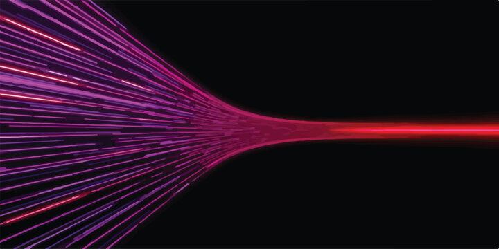Abstract red and purple light streaks converging from left to right on black background with abstract background velocity technology patterns movement backdrop creative communication