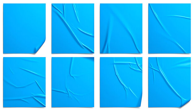 collection of wrinkled and crumpled blue paper sheets with torn edges, adhesive tape effects, isolated on white