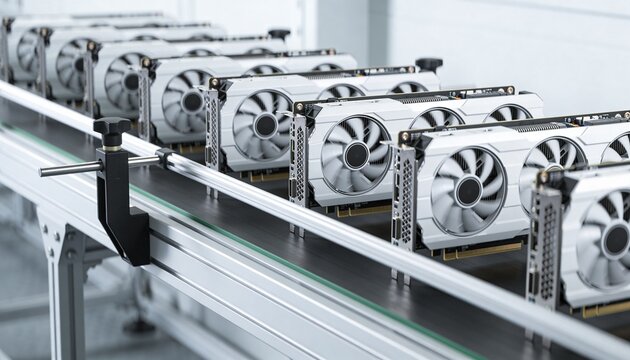 A close-up view of multiple graphics processing units traveling along a factory assembly line belt.