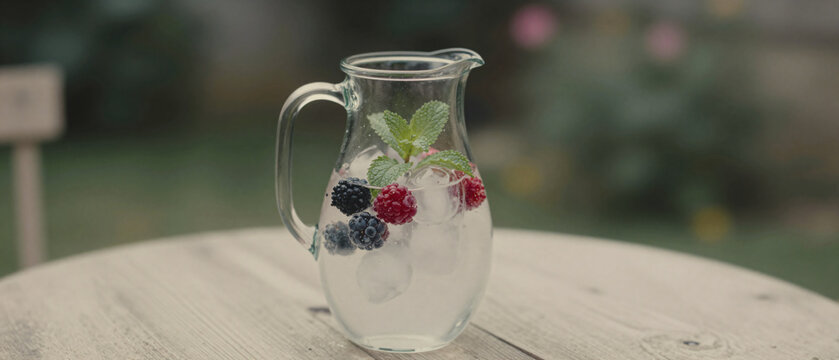 Sommerliches Beerenwasser mit Minze im Garten