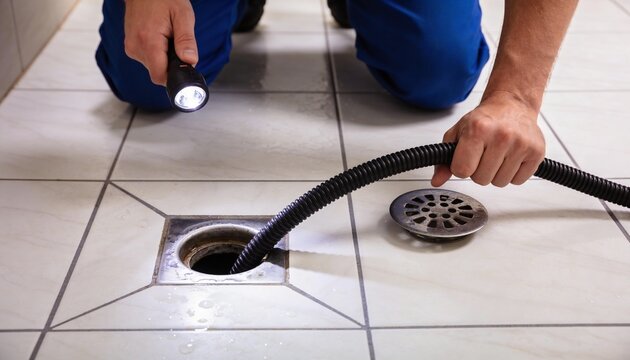 A plumber inspects a residential floor drain using a flashlight and a long flexible cleaning hose.