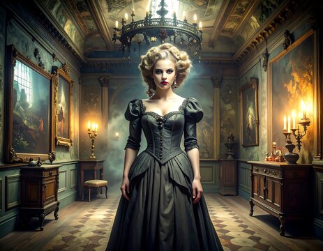 Lady in dark hall.