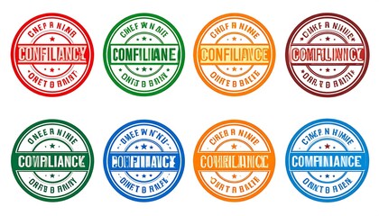 Obraz premium A collection of colorful compliance stamps on a white background