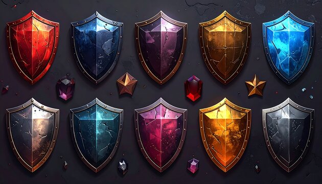A collection of ten shiny shields in various colors with gems