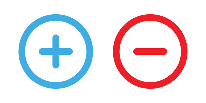Vibrant blue plus sign and contrasting red minus sign icons symbolizing approval or rejection choices
