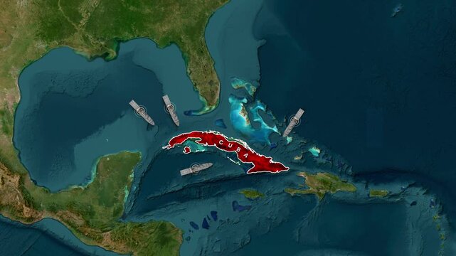 Satellite footage animation showing naval ships encircling Cuba in strategic military motion