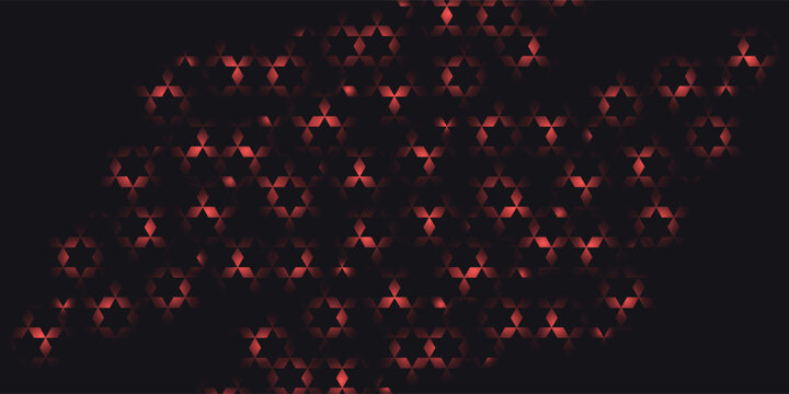 Hexagon game background with glowing red honeycomb grid on black surface. Abstract geometric pattern of connected cells for futuristic interface design. Digital technology bg with luminous edges.