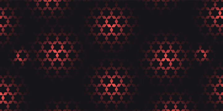 Hexagon game background with glowing red honeycomb grid on black surface. Abstract geometric pattern of connected cells for futuristic interface design. Digital technology bg with luminous edges.