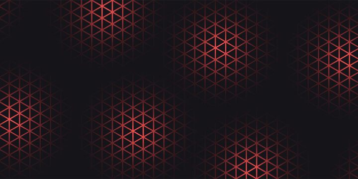 Hexagon game background with glowing red honeycomb grid on black surface. Abstract geometric pattern of connected cells for futuristic interface design. Digital technology bg with luminous edges.