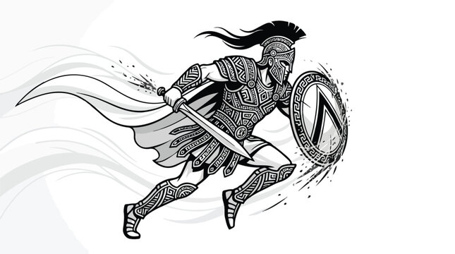 Ancient warrior in armor wielding a sword and shield, depicted in a dynamic motion with flowing hair and clothing