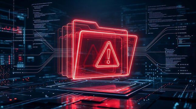Holographic Red Warning Folders Floating Above Processor Chip with Computer Code Representing Cyber Security Threat
