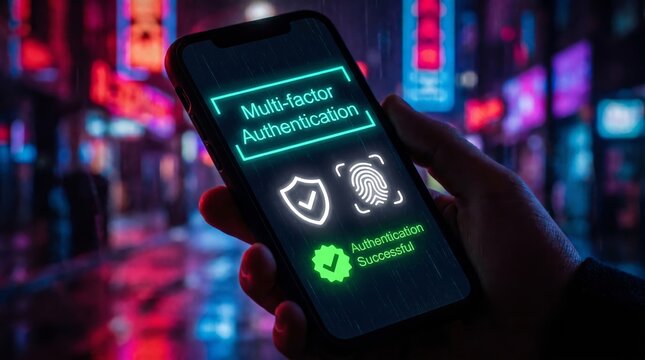 Secure multi-factor authentication displayed on a smartphone held by a hand with a neon city background