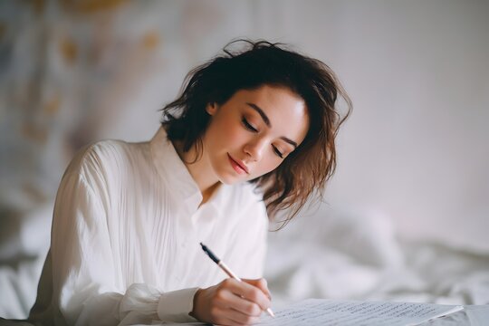 Young woman writing lyrics in bed with pen and notebook during creative morning
