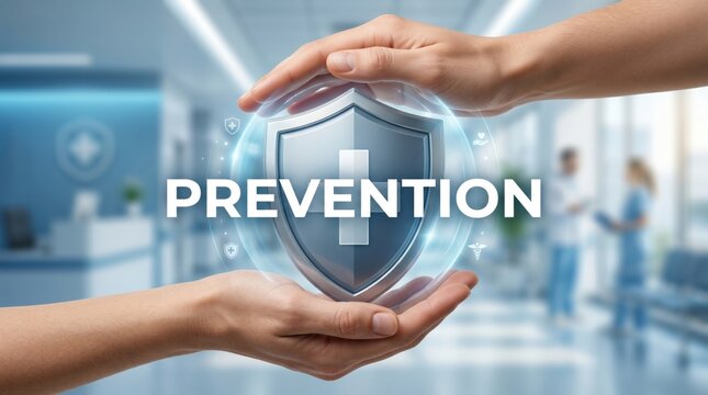 Hands protecting a medical shield symbol in a healthcare environment, representing disease prevention, health protection, risk reduction, preventive medicine, patient safety and public health awarenes