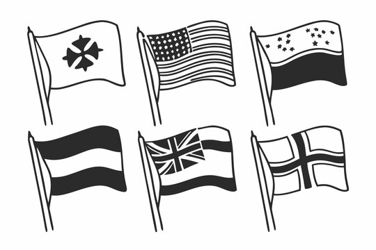 A set of six flags from different countries waving in the wind with unique designs and patterns on a white background in a vector graphic illustration style
