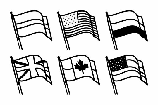 Vector illustration of six waving national flags from various countries including the USA, UK, and Canada in a simple black line art style on a white background design