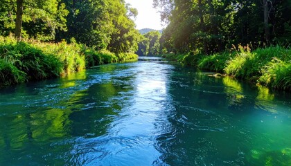 Obraz premium Serene river flows, sunlight dappling the clear water & lush, green foliage on banks