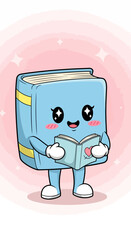 Cute Blue Book Character Reading Open Book with Heart, Kawaii Style