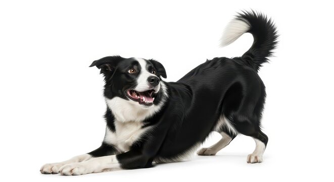 Happy Playful Border Collie Dog in Play Bow Position Isolated on White Background Studio Portrait