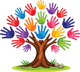 Fototapeta premium Diversity Tree Vector Illustration – Colorful Handprint Leaves on Branches