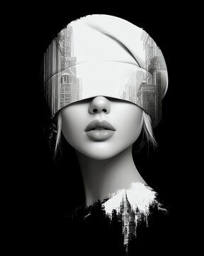 justice symbolism in modern cityscape minimalist logo design, blindfolded lady of justice merged with skyscraper silhouette, elegant monochrome style