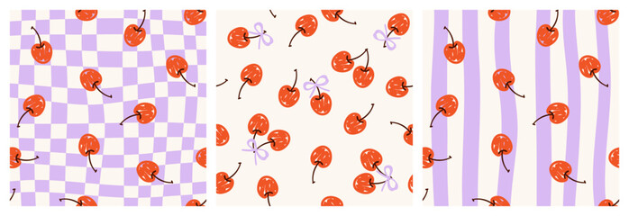 Set of seamless modern summer minimalistic fruit patterns with red cherries on a white checkered and striped background  simple cute hand-drawn vector illustration in a flat style © Мария Кривецкая