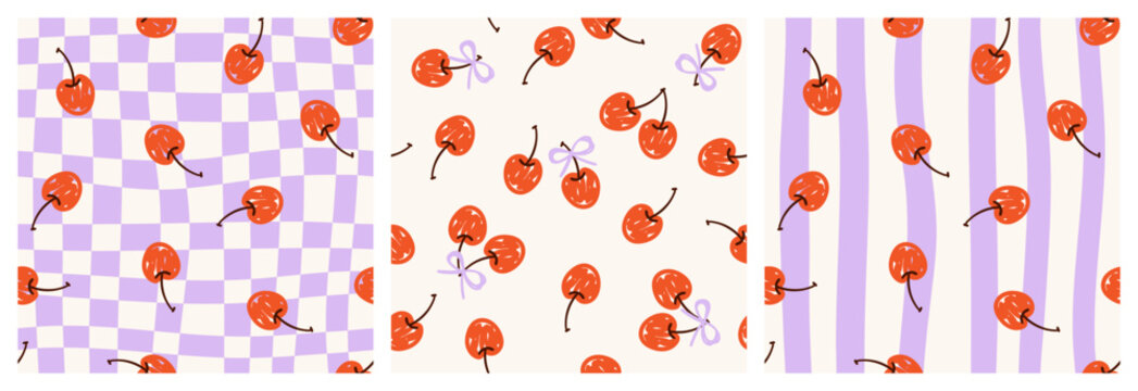 Set of seamless modern summer minimalistic fruit patterns with red cherries on a white checkered and striped background; simple cute hand-drawn vector illustration in a flat style