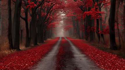 Obraz premium Autumnal Red Forest Road Path