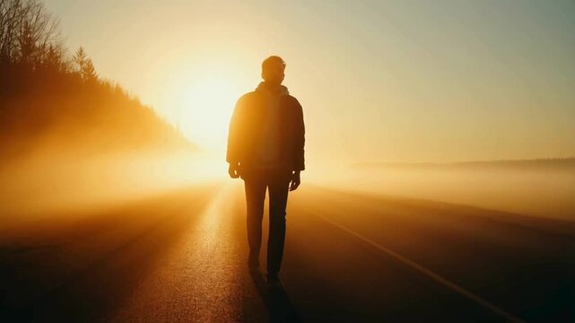 Person Walking Through Fog Toward Sunrise Symbolizing Determination