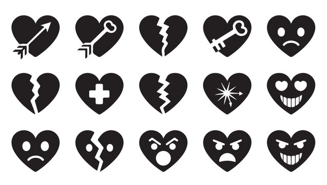 Set of black heart icons with arrows and keys, including broken hearts and angry faces.