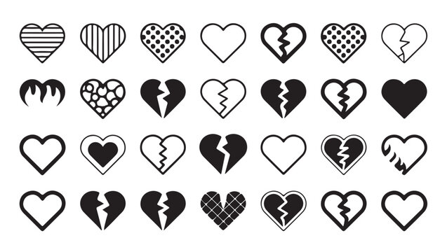 Heart patterns broken hearts and plain heart icons with lines dots and abstract designs.
