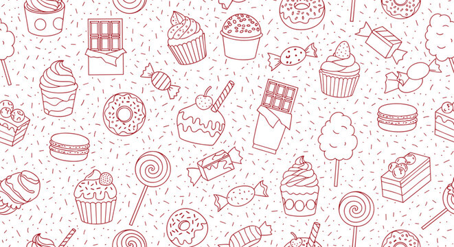 Seamless pattern featuring various hand drawn sweets including cupcakes, donuts, and candies for a delicious dessert themed background.