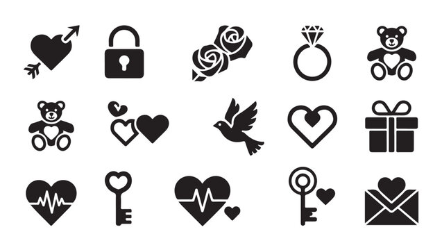 Set of valentine day icons featuring romantic hearts roses wedding rings and gift boxes.