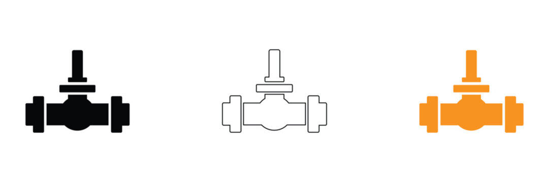 Three valve icons in black, Line art, And orange on white background for plumbing and industrial designs