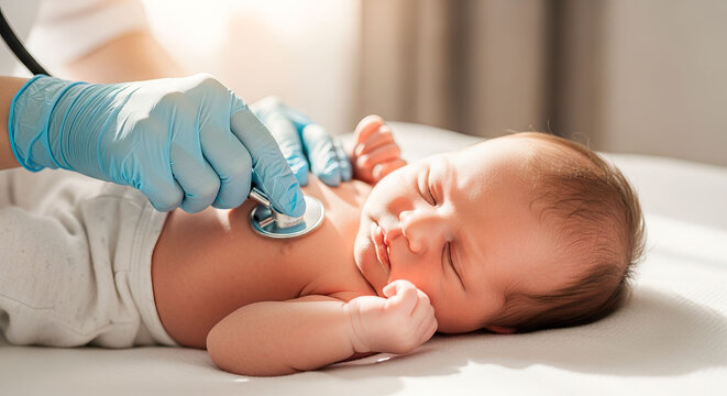 Newborn medical checkup with a stethoscope placed on the infant chest by a pediatrician. This photo illustrates neonatal care, routine health screenings, and hospital procedures.
