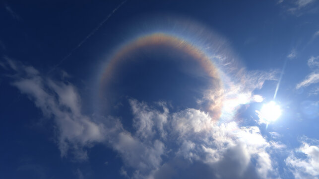 Circumhorizontal arc visible in the sky with fluffy clouds and bright sun shining through the atmosphere