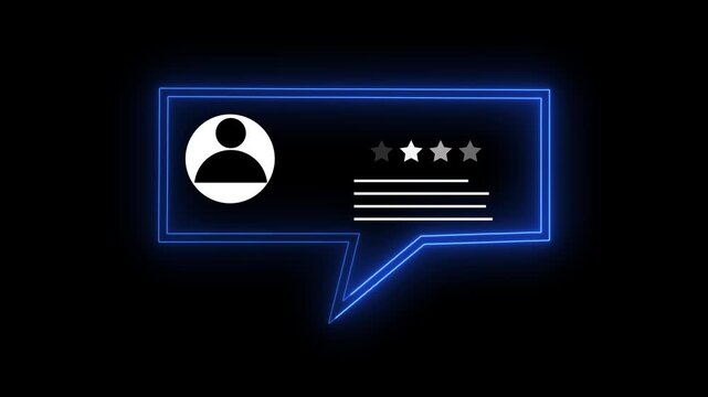 Positive client feedback animation with neon blue speech bubble frame and rating stars isolated on black background