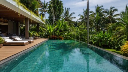 Fototapeta premium Luxury tropical villa infinity pool with sun loungers, wooden deck and lush palm-fringed jungle surroundings