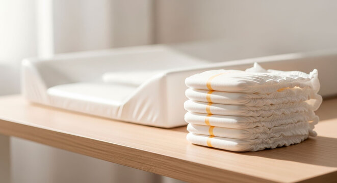 Stack of newborn diapers on a changing table in a nursery prepared for daily infant hygiene. This photo is for childcare guides, nursery organization tips, or baby shopping themes.