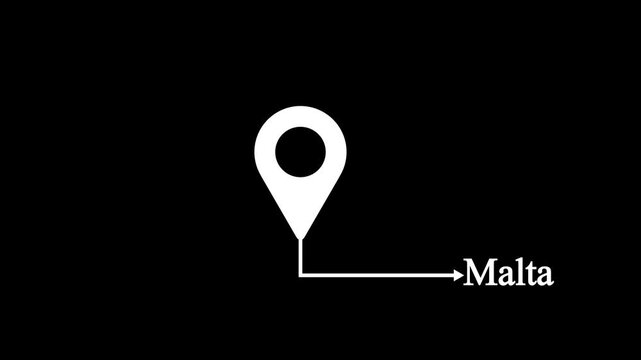 White location pin icon with arrow pointing to Malta text animation isolated on black background.