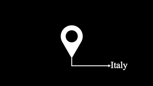 White location pin icon with arrow pointing to Malta text animation isolated on black background