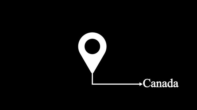Location pin icon animation video pointing to Canada country name isolated on black background