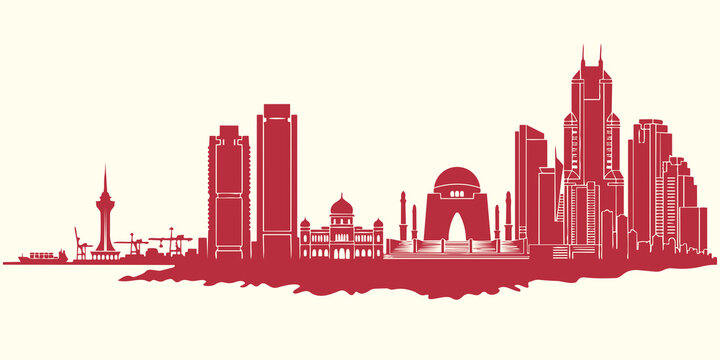 Karachi Pakistan City Skyline Flat Vector Silhouette &mdash; Port Tower, HBL Plaza, MCB Tower, Mazar-e-Quaid Mausoleum, Arabian Sea Waterfront &mdash; South Asian Urban Cityscape for Business Presentation 2026