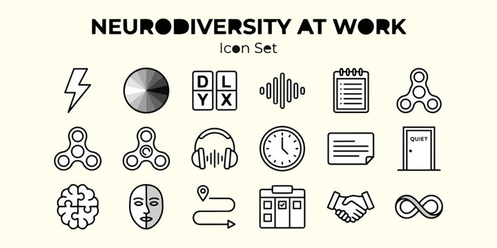 Neurodiversity Workplace Icon Set &mdash; ADHD Hyperfocus, Autism Spectrum, Dyslexia, Sensory Processing, Executive Function, Stimming, Quiet Room, Inclusive Hiring, Neurodivergent Brain &mdash; Flat Vector 2026