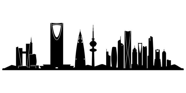 Riyadh Saudi Arabia City Skyline Flat Vector Silhouette &mdash; Kingdom Centre Tower, Al Faisaliah, KAFD Financial District, Vision 2030 Towers &mdash; Gulf Middle East Urban Cityscape for Business Presentation