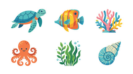 Cute Underwater Sea Life Collection: Turtle, Fish, Octopus, Coral, Shell © turi