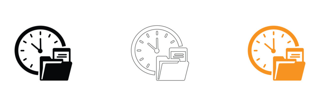 Time management icons with clock and file folder on white background
