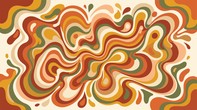 Vibrant retro 70s groovy abstract background with swirling organic shapes and a nostalgic color palette of orange, brown, and green