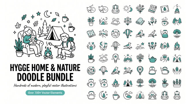 Hygge home and nature doodle bundle with cute characters camping roasting marshmallows by campfire tent hot air balloon forest landscape and cozy lifestyle vector illustrations